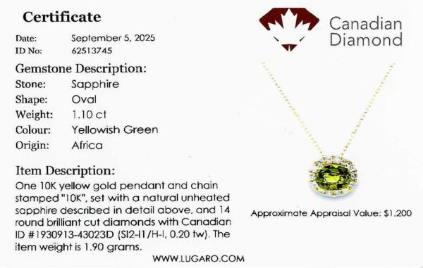 Non Heated African Oval Yellowish Green Sapphire and Canadian Diamond Pendant in Yellow Gold