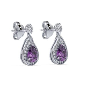 Amethyst and Canadian Diamond Halo Drop Earrings in White Gold