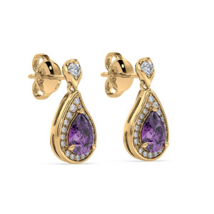 Amethyst and Canadian Diamond Halo Drop Earrings in Yellow Gold