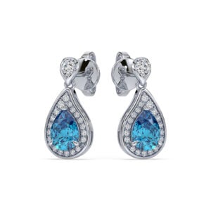 Blue Topaz and Canadian Diamond Halo Drop Earrings in White Gold
