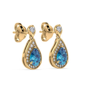 Blue Topaz and Canadian Diamond Halo Drop Earrings in Yellow Gold