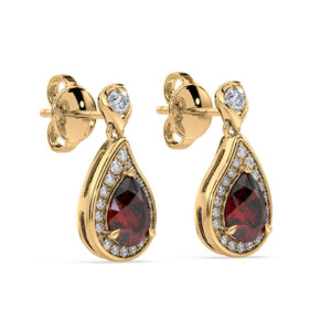 Garnet and Canadian Diamond Halo Drop Earrings in Yellow Gold