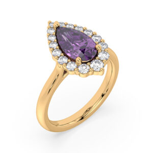 Pear Shaped Amethyst and Canadian Diamond Halo Ring in Yellow Gold