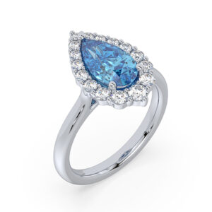 Pear Shaped Blue Topaz and Canadian Diamond Halo Ring in White Gold