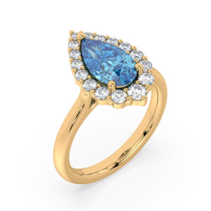 Pear Shaped Blue Topaz and Canadian Diamond Halo Ring in Yellow Gold