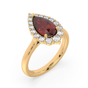 Pear Shaped Garnet and Canadian Diamond Halo Ring in Yellow Gold