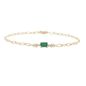 Paperclip Chain Bracelet with Emerald and Canadian Diamond in Yellow Gold