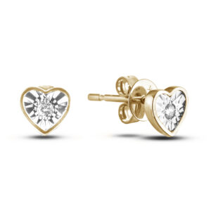 Solitaire Diamond Stud Heart Earrings in Yellow and White Gold