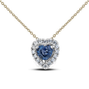 Heart Shaped Sapphire and Canadian Diamond Halo Pendant In Yellow and White Gold