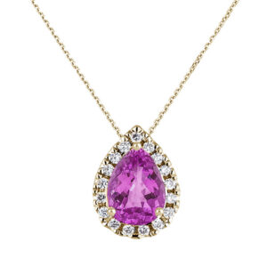 Pear Shape Pink Sapphire and Canadian Diamond Halo Pendant in Yellow Gold