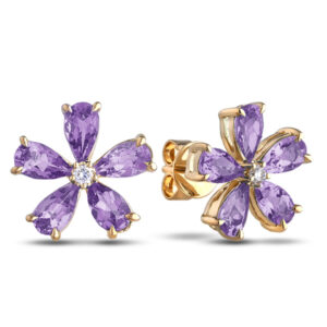 Canadian Diamond and Amethyst Flower Earrings in Yellow Gold