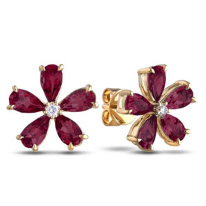 Canadian Diamond and Ruby Flower Earrings in Yellow Gold