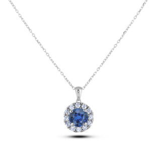 Sapphire 0.36 Carat and Canadian Diamond Halo Pendant in White Gold