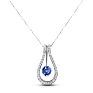 Ceylon Sapphire and Diamond Halo Dangle Pendant 18K White In Gold