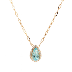 Pear Shape Aquamarine and Canadian Diamond Halo Paperclip Chain Pendant in Yellow Gold