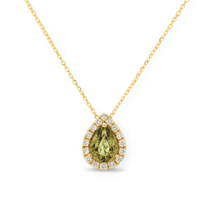 Non-Heated Green Sapphire & Canadian Diamond Halo Pendant in Yellow Gold
