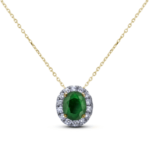 Oval Shape Emerald and Canadian Diamond Halo Pendant in Yellow Gold