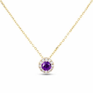 Amethyst & Canadian Diamond Halo Pendant in Yellow Gold