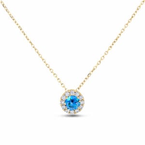 Blue Topaz & Canadian Diamond Halo Pendant in Yellow Gold