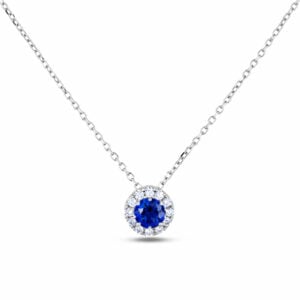 Ceylon Blue Sapphire and Canadian Diamond Halo Pendant in White Gold