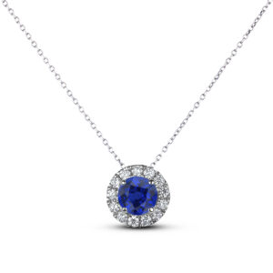 Ceylon Sapphire and Canadian Diamond Halo Pendant in White Gold