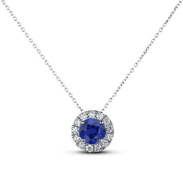 Ceylon Sapphire and Canadian Diamond Halo Pendant in White Gold