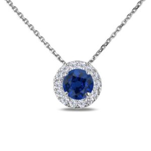 Ceylon Sapphire & Canadian Diamond Halo Pendant in White Gold