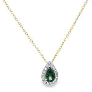 Pear Shaped Alexandrite and Canadian Diamond Halo Pendant In 14K Gold