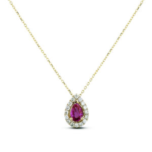 Pear-Shaped Pink Sapphire and Canadian Diamond Halo Pendant in Yellow Gold