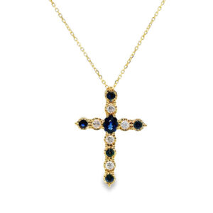 Channel Set Cross Pendant Featuring Natural Sapphire and Canadian Diamond In Yellow Gold