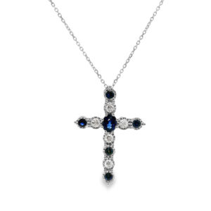 Channel Set Cross Pendant Featuring Natural Sapphire and Canadian Diamond In White Gold