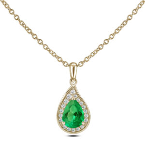 Emerald and Canadian Diamond Pear Shape Halo Pendant in Yellow Gold