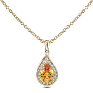 Sapphire and Canadian Diamond Pear Shape Halo Pendant in Yellow Gold