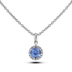 Halo Canadian Diamond and Ceylon Sapphire Pendant in White Gold