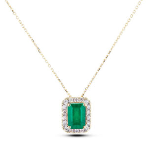 Emerald Shape Emerald and Canadian Diamond Halo Pendant in Yellow Gold