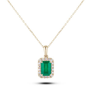 Emerald 0.62 Carat and Canadian Diamond Halo Pendant in Yellow Gold