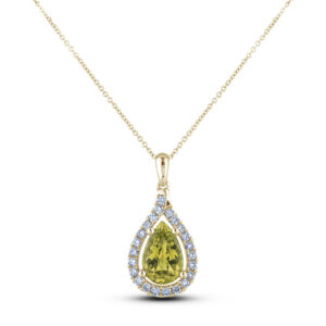 Green Sapphire and Canadian Diamond Pear Shaped Halo Pendant in Yellow Gold
