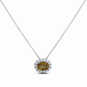 Oval Brilliant Orangy Yellow Sapphire and Canadian Diamond Pendant in 18K White Gold