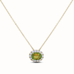 Non Heated African Oval Yellowish Green Sapphire and Canadian Diamond Pendant in Yellow Gold