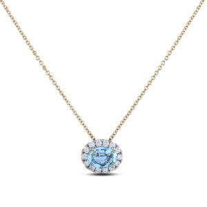 Non-Heated Aquamarine and Canadian Diamond Halo Pendant in Yellow and White Gold