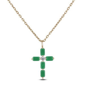 Emerald and Canadian Diamond Cross Pendant in Yellow