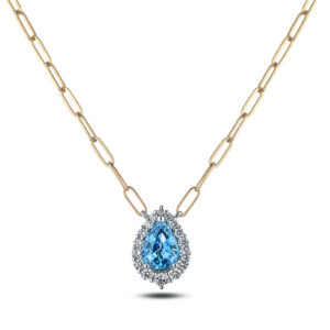 Blue Topaz and Canadian Diamond Halo Paperclip Chain Necklace in Yellow and White Gold
