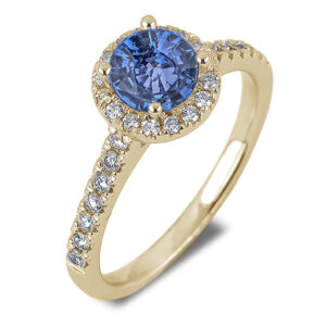Ceylon Sapphire and Canadian Diamond Halo Ring in Yellow Gold