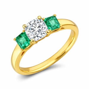 Black Label De Beers Forevermark Diamond and Emerald Trilogy Ring in 18K Yellow Gold