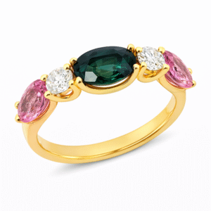 Non Heated Sapphire Trio Yellow Gold Ring with Canadian Diamond Accents