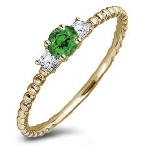 Emerald and Canadian Diamond Beaded Style Dainty Ring in Yellow Gold