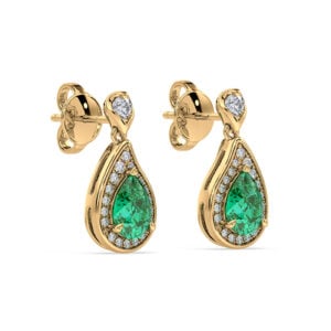 Emerald and Canadian Diamond Drop Halo Stud Earrings in Yellow Gold
