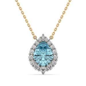 Aquamarine and De Beers Forevermark Diamond Halo Necklace in 14K Yellow and White Gold