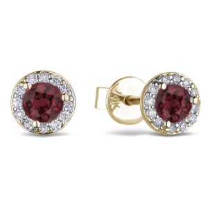 Ruby and Diamond Halo Stud Earrings in Yellow Gold