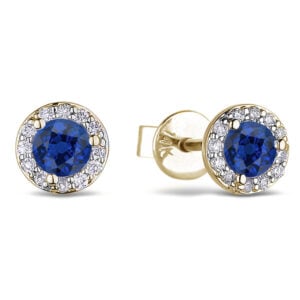 Sapphire and Diamond Halo Stud Earrings in Yellow Gold
